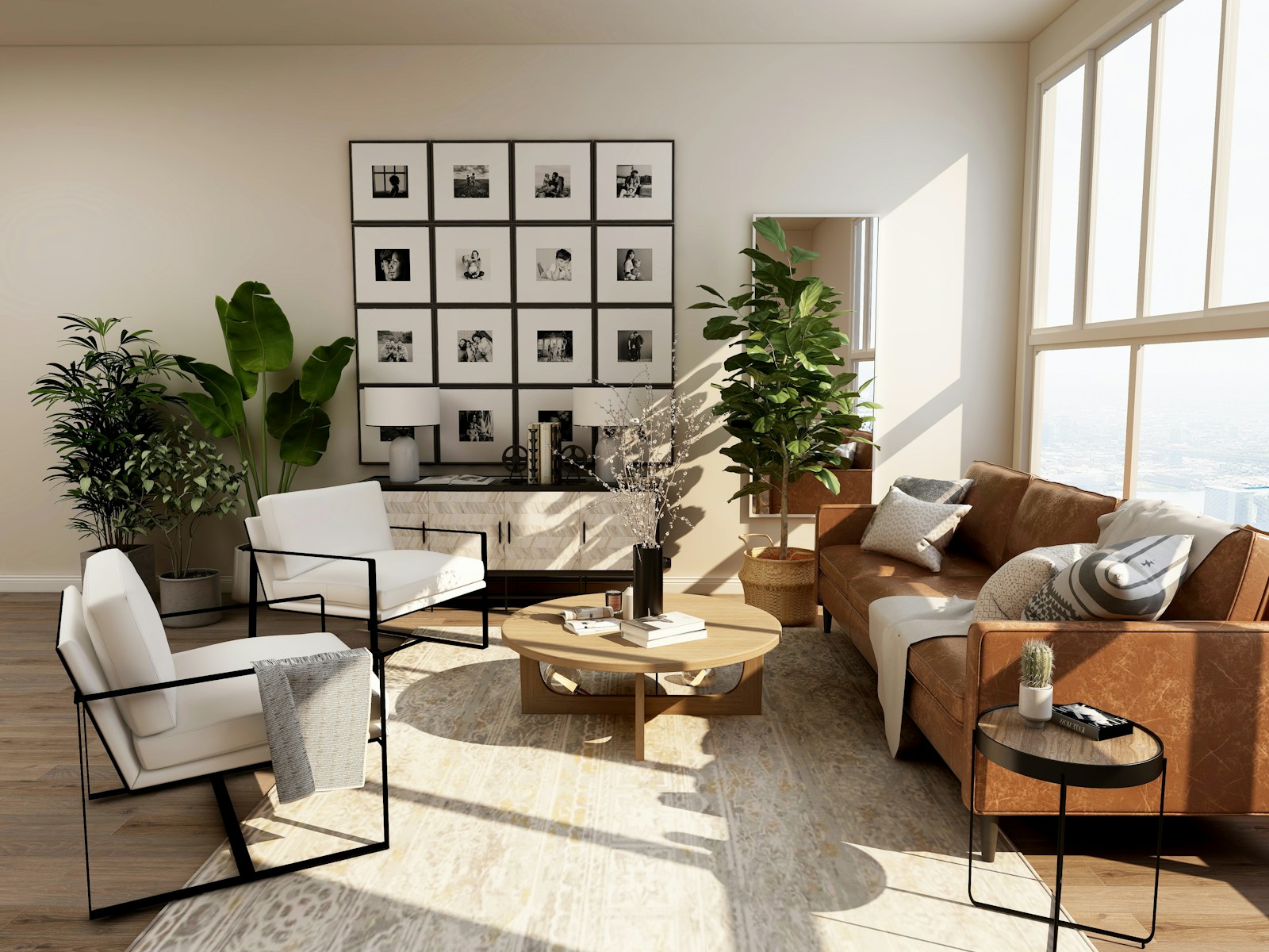 A sunlit living room with natural furniture, plants, and wide windows.